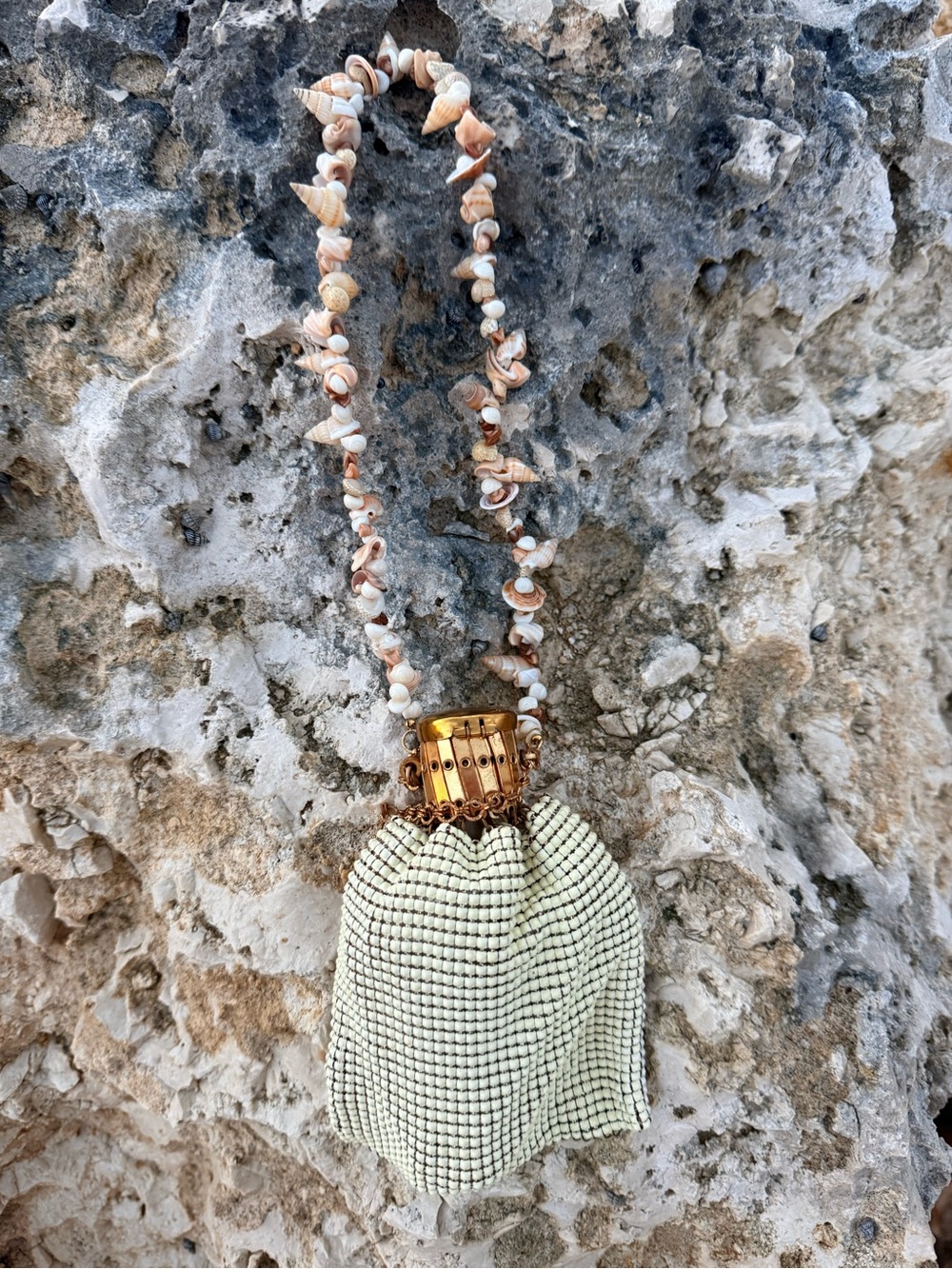Vintage chain mesh bag with handmade shell strap- bridal/ beach